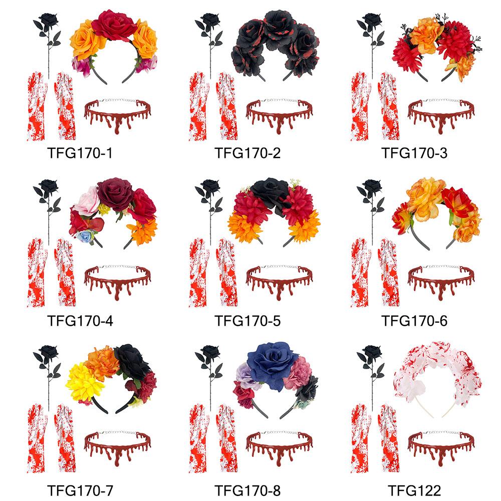 4-Piece Set Halloween Party Costume Rose Flower Headband Novelty Horror Necklace Gloves  for Women