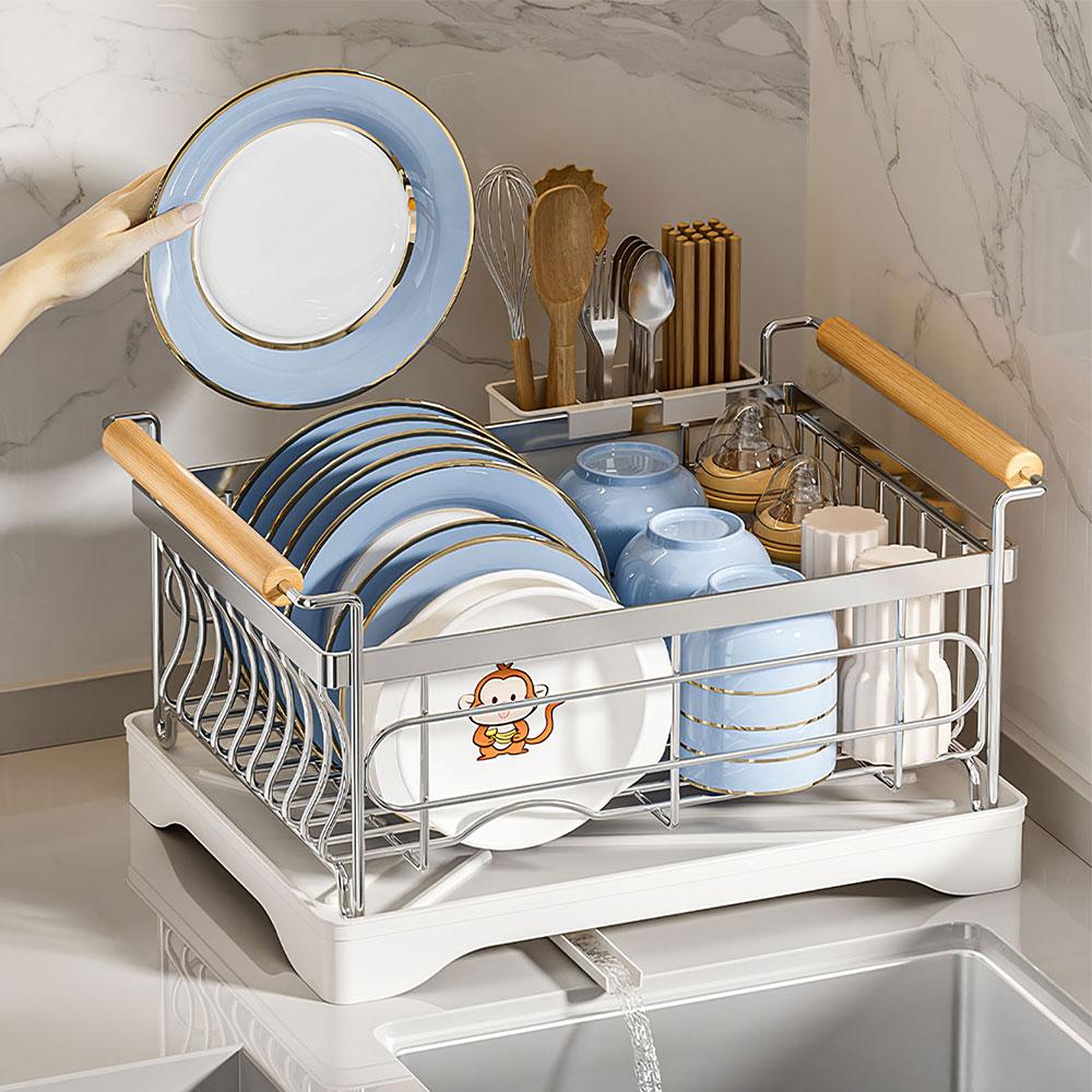 304 Stainless Steel Dish Rack with Swivel Spout & Wooden Handle, Space-Saving Rack for Drying Plates, Cups & Utensils