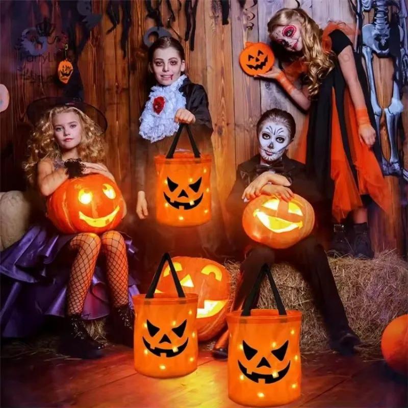 1/3/5 PCS Foldable Pumpkin Candy Bag Trick or Treat Without Candy LED Lights Halloween Decoration Thanksgiving Party Gift Basket