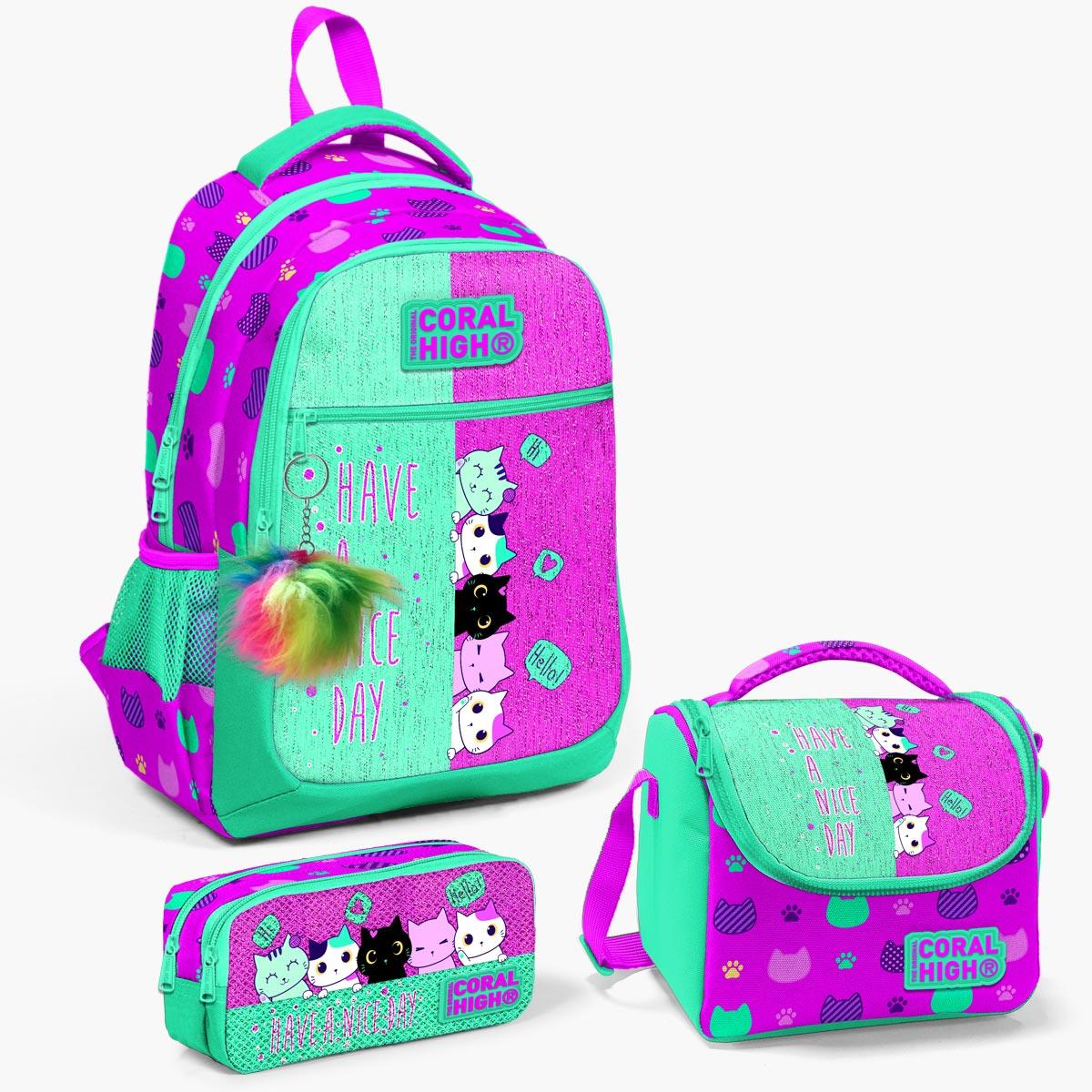 

Набор из трех предметов: школьная сумка Coral High Kids, розовая, водно-зеленая, с кошачьим рисунком SET0123490