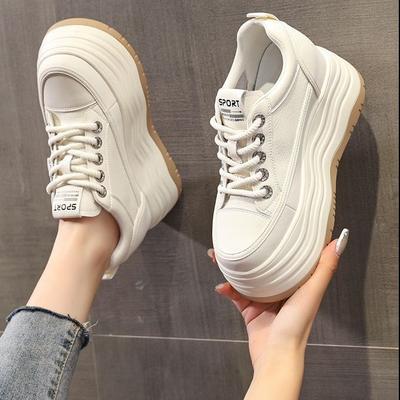 Leather Inner Height Increase White Shoes Women's 2024 Autumn New Thick-soled Small Muffin Soft-soled Casual Board Shoes