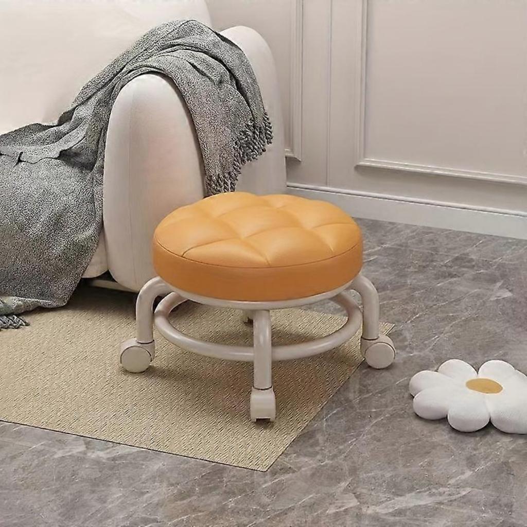 Living Room Footstools With Universal Swivel Caster Wheels Leather Small Rolling Stools Round PU Seat Metal Frame for Home & Office