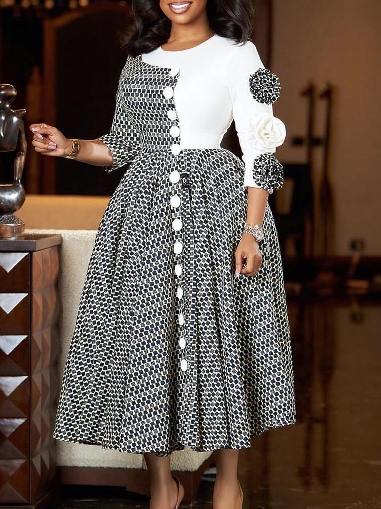 D598 - Women's Elegant African Dress, Round Neck, 3/4 Sleeves, Printed Patchwork Design