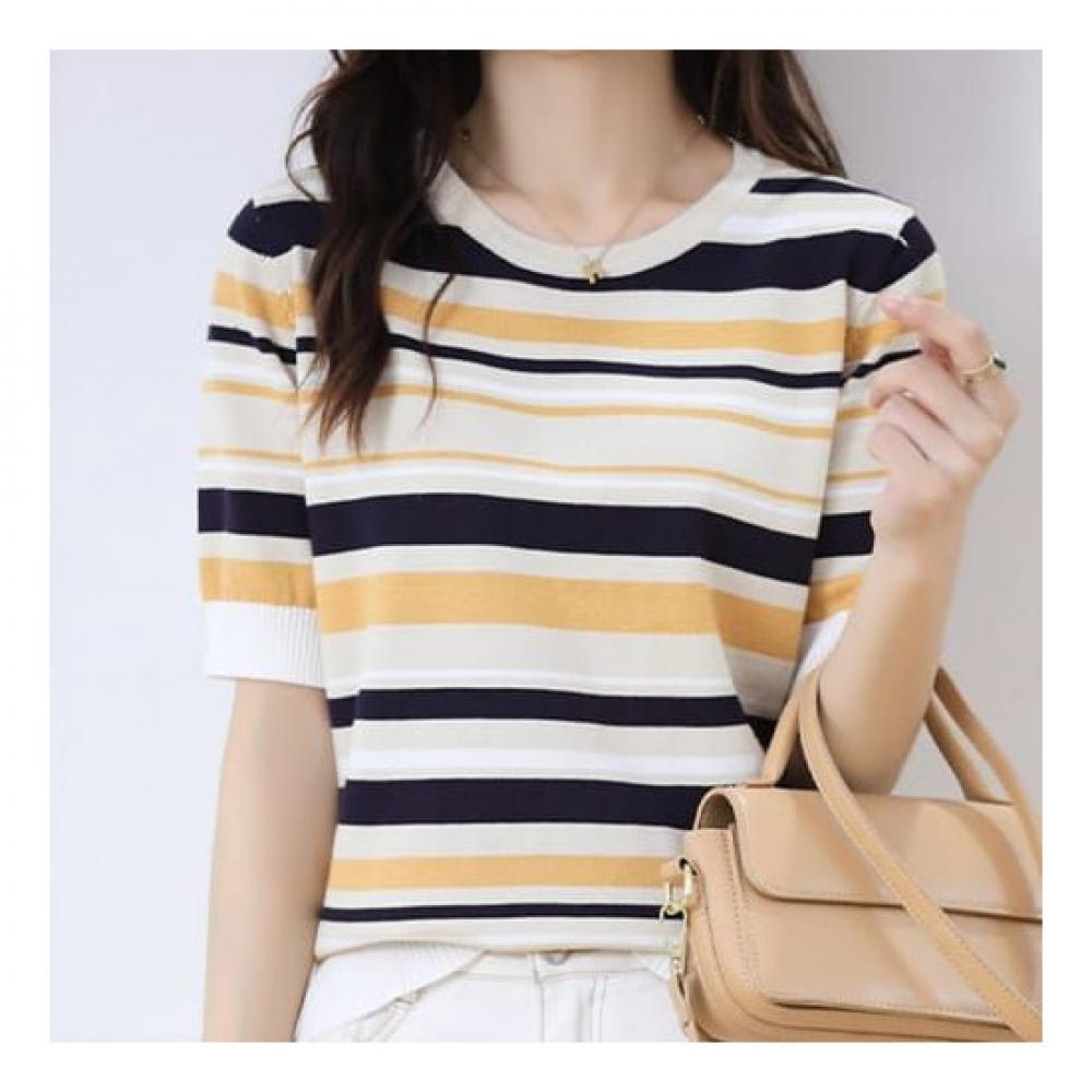 Navava Men Nk2230 Light Stripe Round Neck Short Sleeve Knit