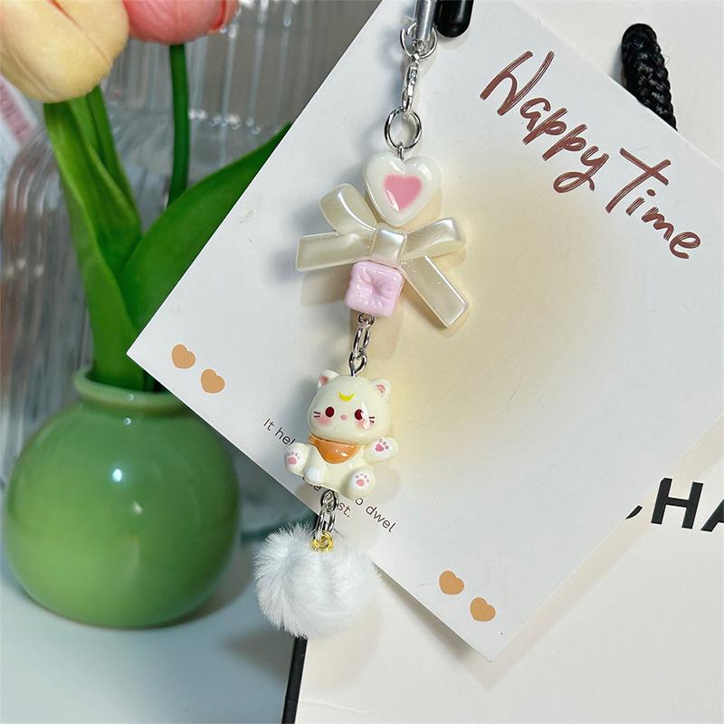 Y2K Cartoon Cat Plush Ball Beaded Mobile Phone Chain Cute Sweet Bow Kitten Phone Lanyard Keychain For Girls Camera Pendant