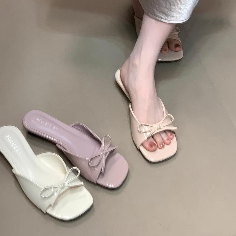 French gentle bow with thick heel cool slippers women's summer wear open toe with skirt temperament sandals