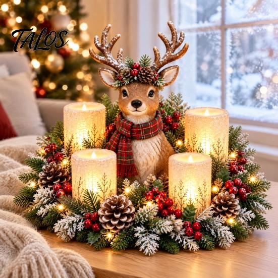 Holiday Resin Ornaments Lighted Highland Cow Christmas Table Centerpiece, Flickering LED Flameless Candles, Frosted Red Berry Seasonal Accents