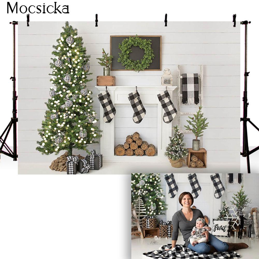 Christmas Tree Stairs Photography Backdrops Wooden Floor Fireplace Portrait Vinyl Photographic Background Photocall Photo Studio Vinyl-125x100cm светло-синий