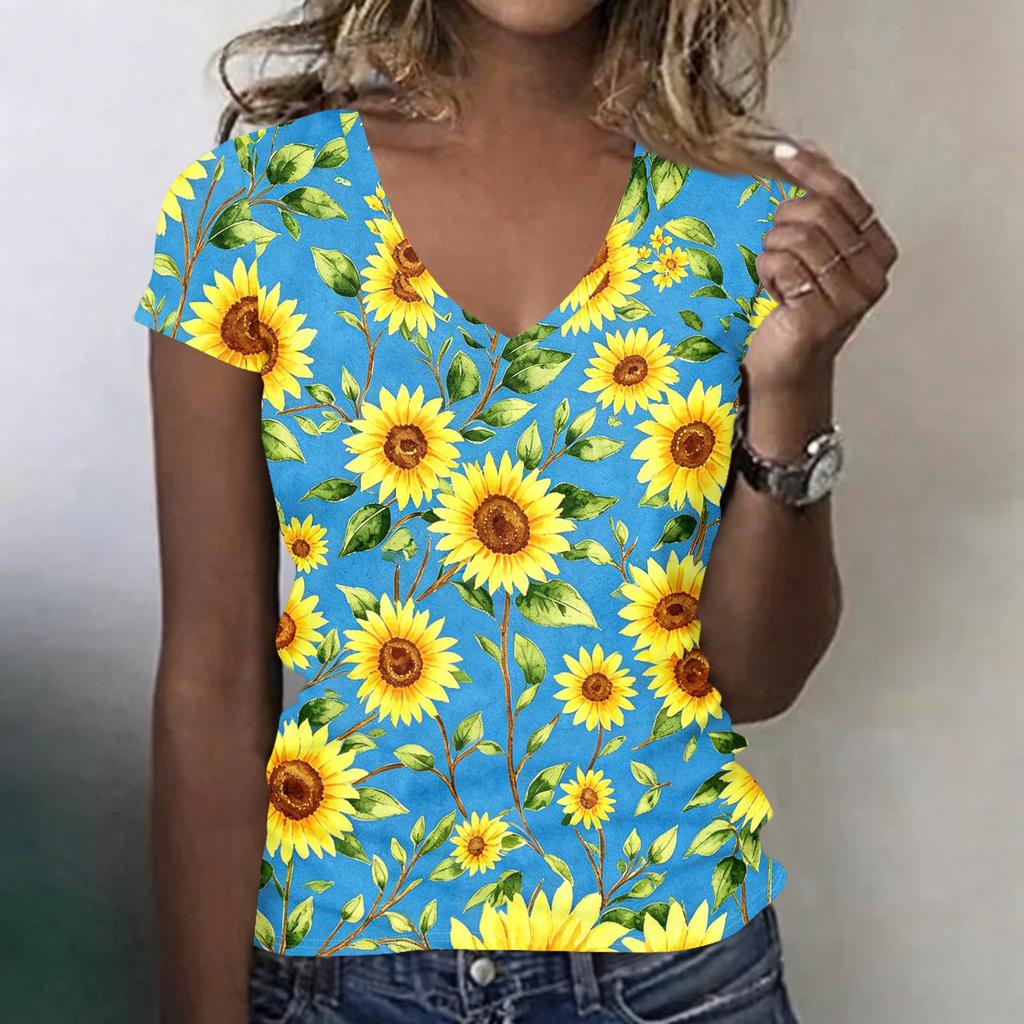 Women V Neck Short Sleeve Floral Print T Shirt Casual Loose Fit Lightweight Comfortable Top for Daily Wear