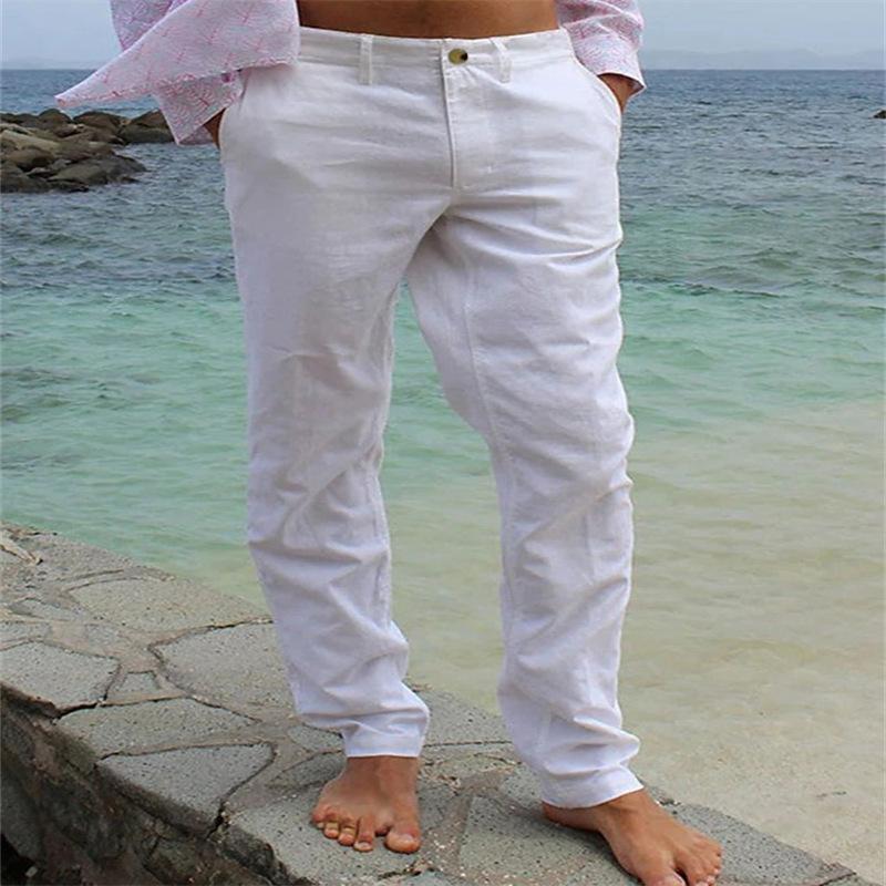 Men s Linen Straight-Leg Trousers with Slanted Pockets Relaxed Fit, Solid Colour, Comfortable Casual Trousers S белый