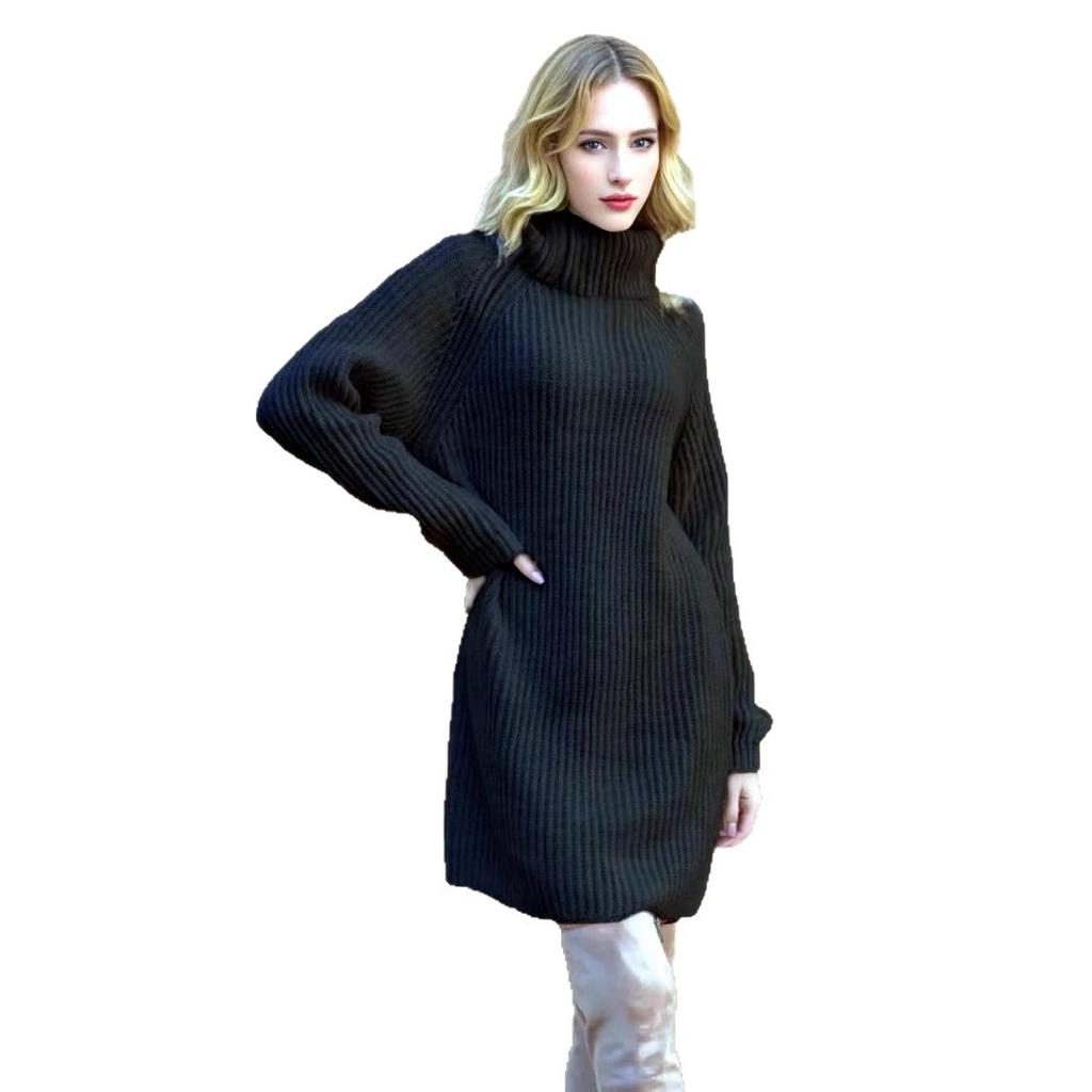Cross-border Winter 2025 New Turtleneck Knitted Straight Long Dress Women's Lazy Wind Knitted Dress