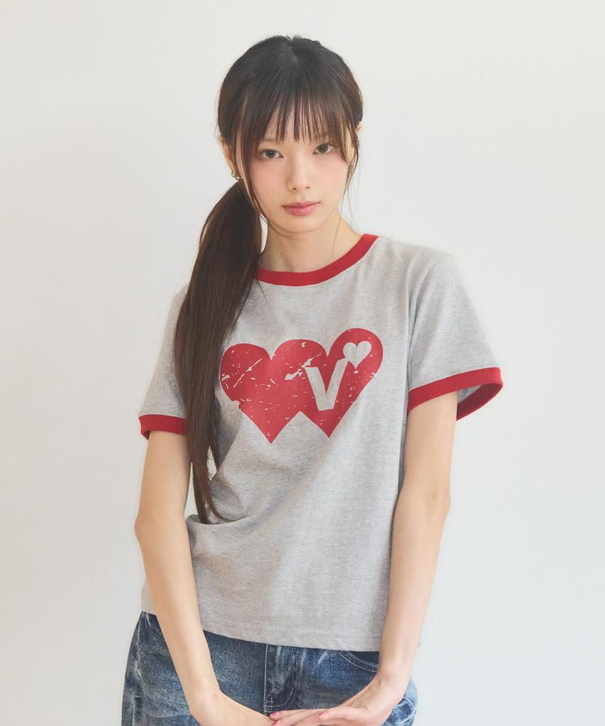 VIDEO JOCKEY Double Heart Ringer T-Shirt [Melange Gray]