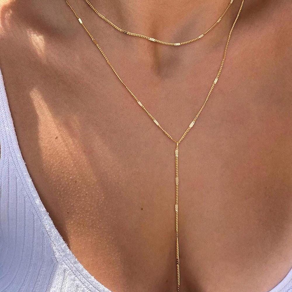 Stainless Steel Y-Shaped Tassel Necklace for Women - Double Layer Clavicle Chain with Fashionable and Elegant Design.