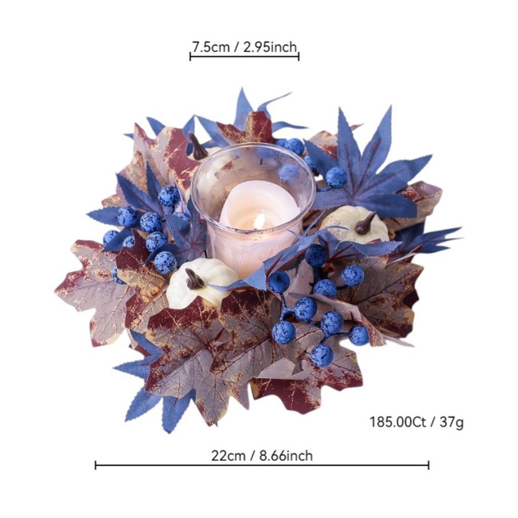 Fall Harvest Pumpkin Maple Leaf Candle Wreath Artificial Blue Berry Candle Holder Wreath for Thanksgiving Autumn Home Decor