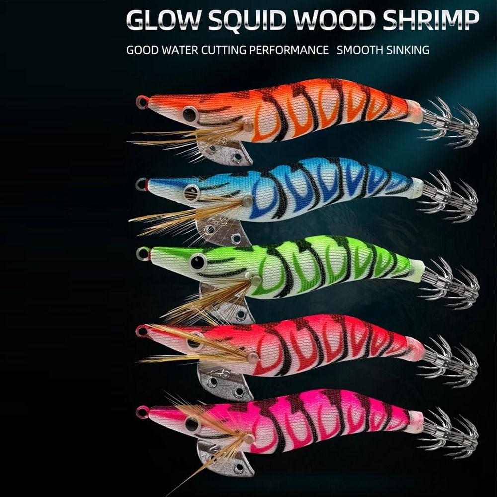 5Pcs 3D Eyes Luminous Squid Fishing Lure Wooden Shrimp Bait  All Kinds of Fishing Places