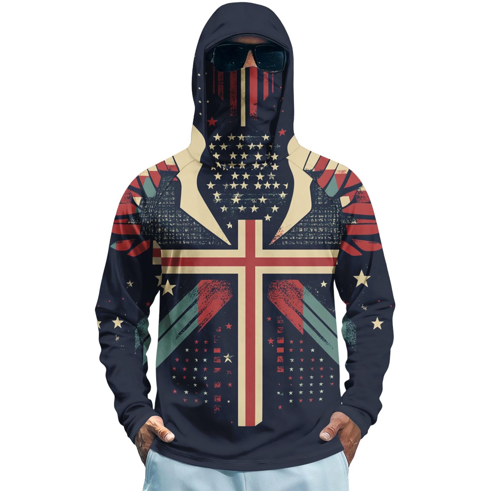 

Men s Long Sleeve Quick Dry Hooded Shirt with Flag Print Lightweight UV Protection for Fishing Fitness Outdoor Sports XXL