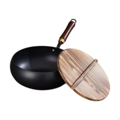 Nonstick Wok, chińskie płaskie dno naczynia kuchennego patelnia do smażenia z drewnianą pokrywką do kuchni domowej