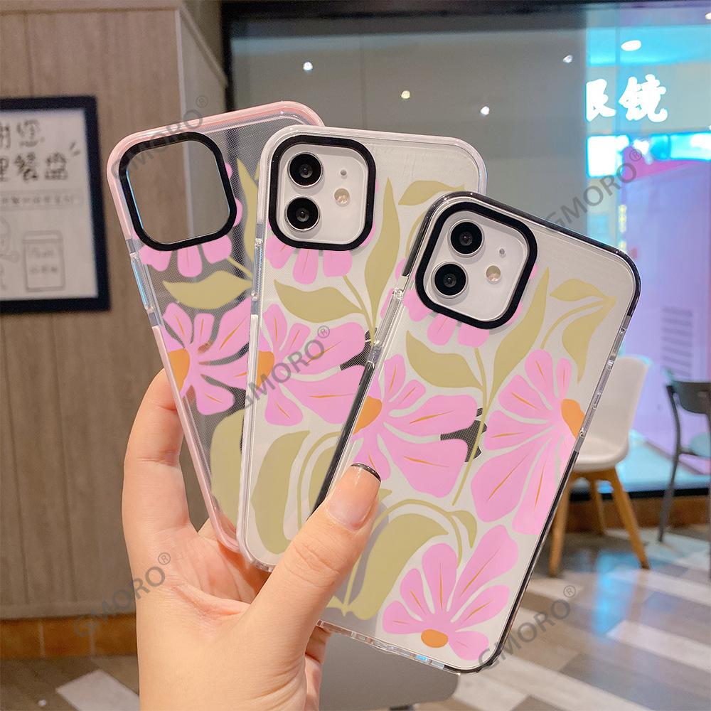 Spring Doodle Pink Flower Phone Case Suitable for iPhone 17 Full-Coverage Transparent Apple 16pm Women's Protective Case