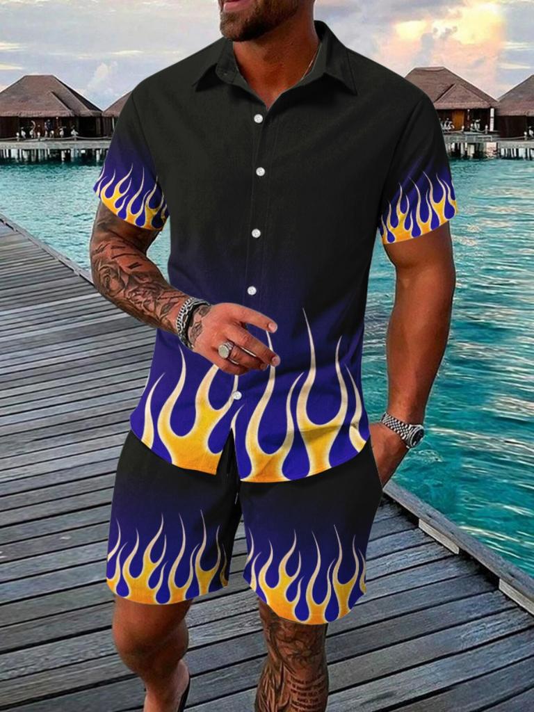 Summer Beach Party Men's Casual Men's Hawaiian Short-sleeved Shirt And Beach Shorts Set