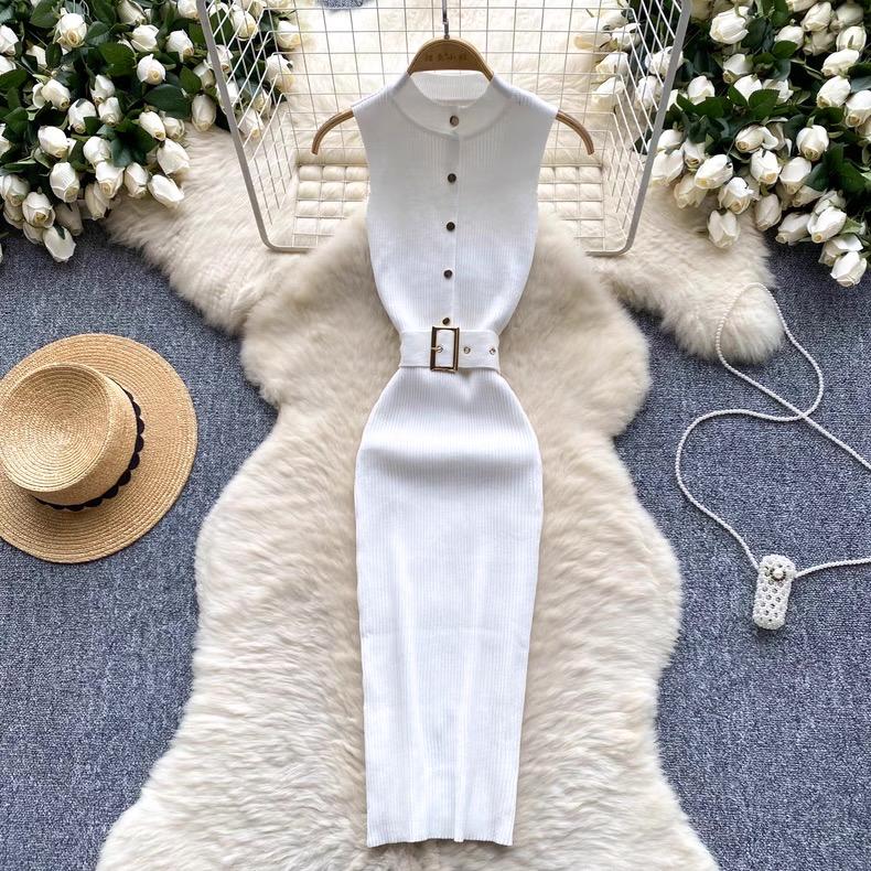 RUGOD European and American Dress Women's New Breasted Lace-up Waist and Hips Elastic Knitted Sleeveless Sexy Hip Dress