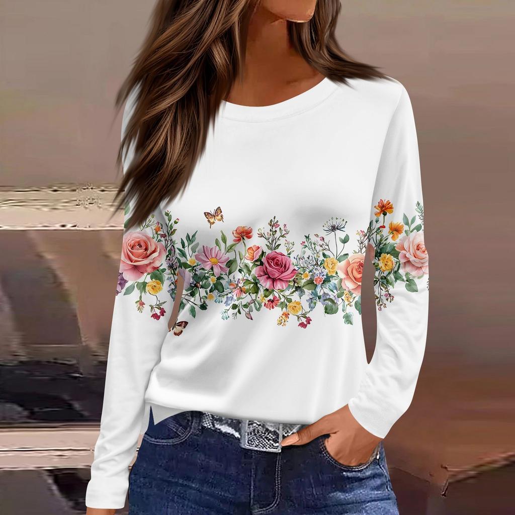 Women's Fashion Casual Slit Hem Round Neck Long Sleeve Loose Printed T-Shirt Ladies Top