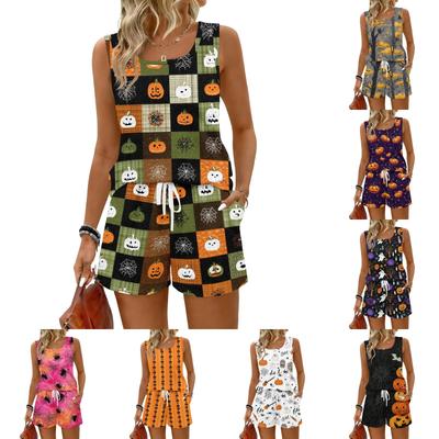 Women's Fashionable Casual Halloween Color-Block Printed Sleeveless Set