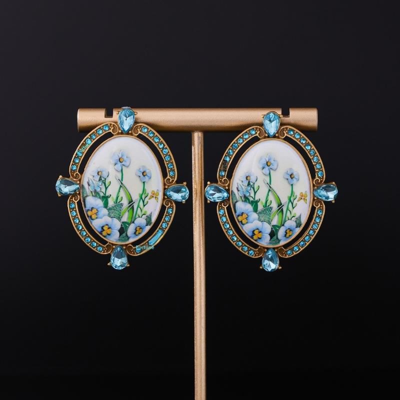 Винтажные серьги-гвоздики с росписью цветов Ретро-дворцовые Легкая роскошь Потертые серьги Художественные Инкрустированные бриллиантами Милые ювелирные изделия Подарки синий