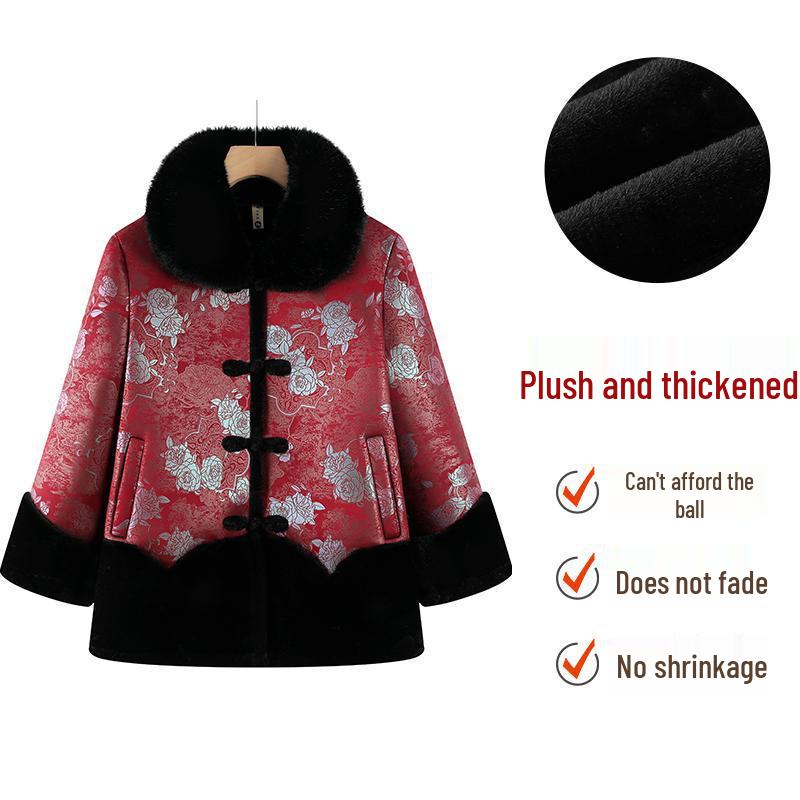 Women's Plus Velvet Thickened Coat for Middle-Aged and Elderly with Faux Fur Lining - Warm Winter Jacket for Grandmother