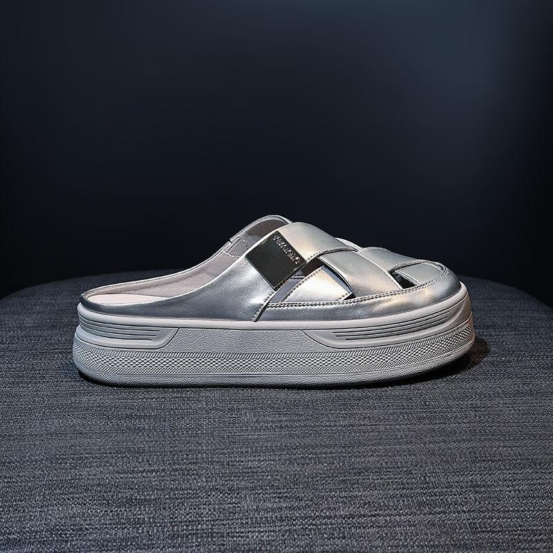 

Кожаные туфли-педали с вырезами, римская сумка, голова, полушлепанцы, женские летние шлепанцы на платформе для улицы, повседневные сандалии 35 серебряный