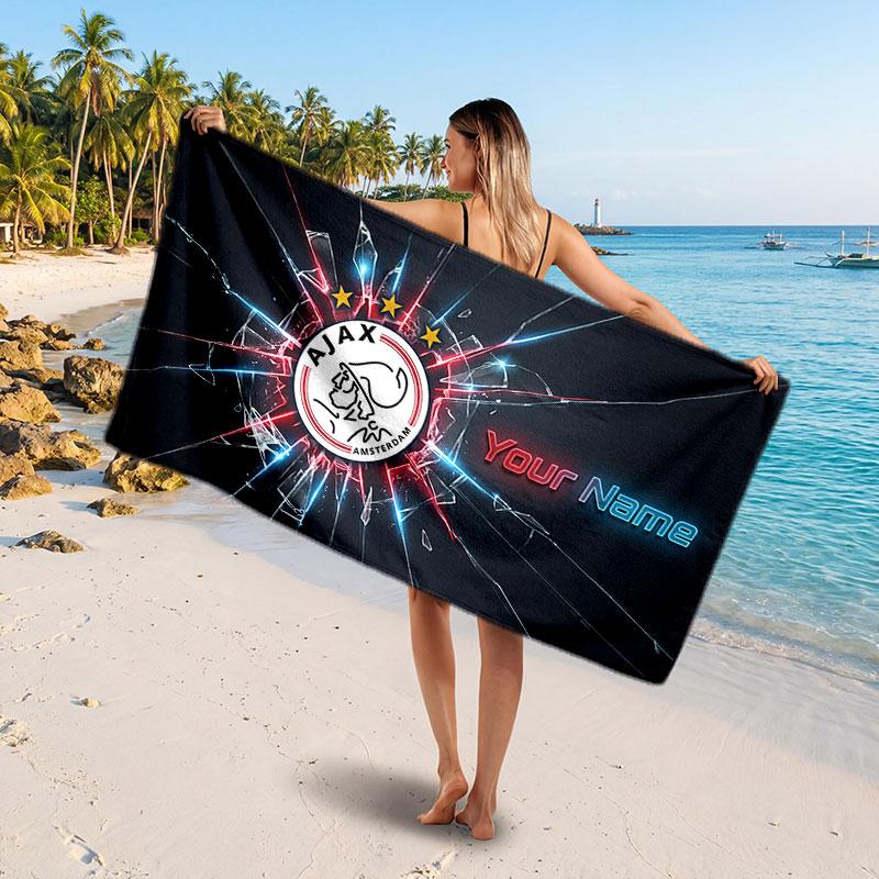 Asciugamano da Spiaggia Personalizzato Ajax Amsterdam, Stampa Testo Nome Personalizzato, Asciugamano Morbido Asciugatura Rapida con Logo Calcio, Regalo per le Vacanze