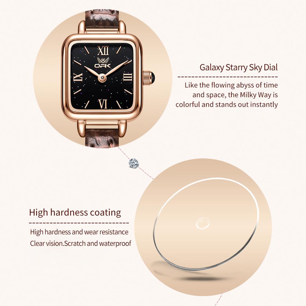 OPK 6060 Quartz Watches For Women Fashion Starry Sky Dial Brown Leather Strap Square Retro Elegant Waterproof Woman Watch