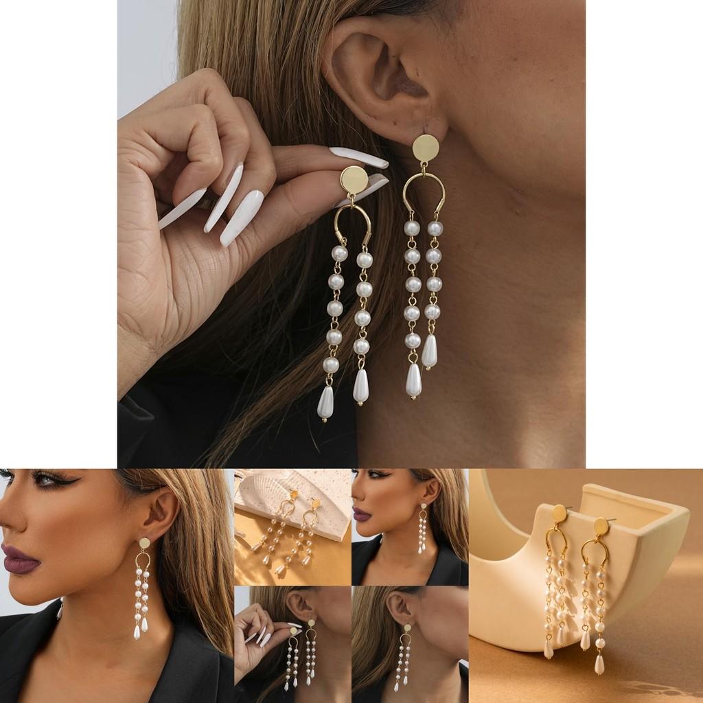 Modern Asymmetric Faux Pearl Tassel Earrings For Women In Gold Color