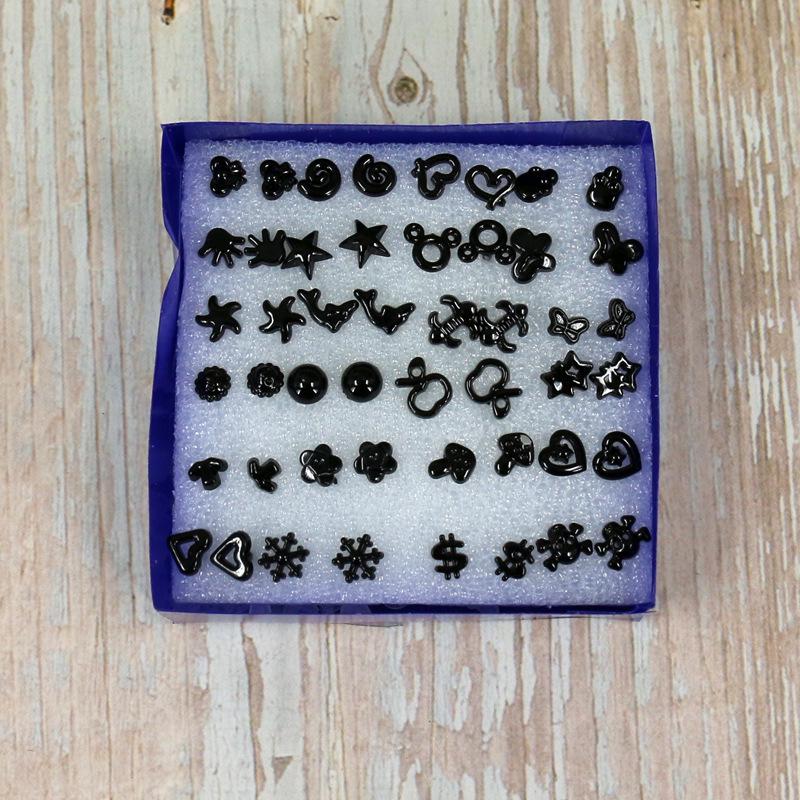 Boxed Set of 24 Mini Stud Earrings: Gold, Silver & Black with Plastic Posts