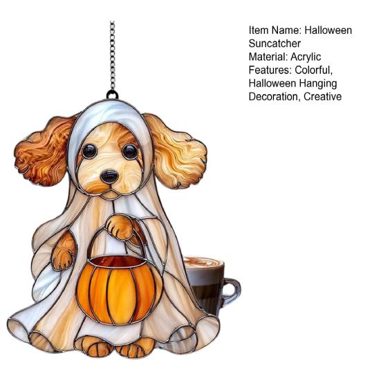 Halloween Ghost Suncatcher Colorful Dog/Cat Pattern Window Hanging Ornament with Pumpkin 2D Acrylic Suncatcher for Halloweens Decor