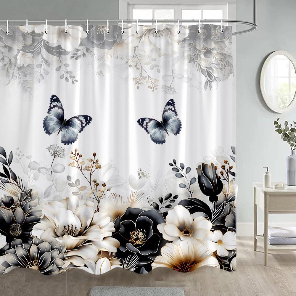 Blue Butterfly Floral Shower Curtains Watercolour Flowers Plant Bath Curtain Polyester Fabric Home Bathroom Bathtub Decoration
