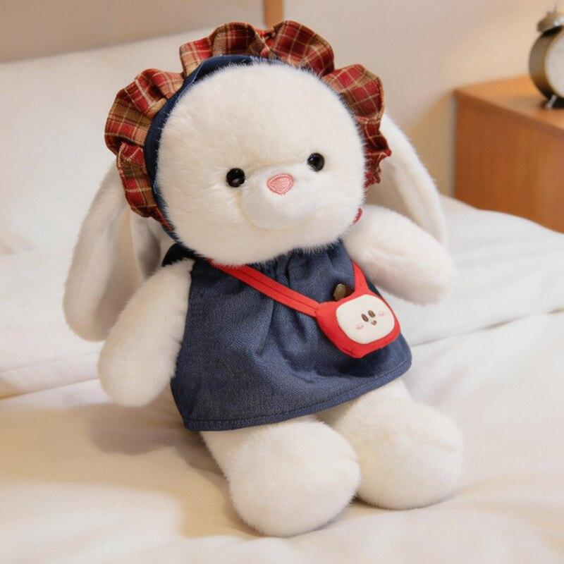 Sweet Sen Mi Dou Rabbit Plush Toy with Bib Apple Outfit Stuffed Bunny Doll for Kids Girls Gift Pink 20cm