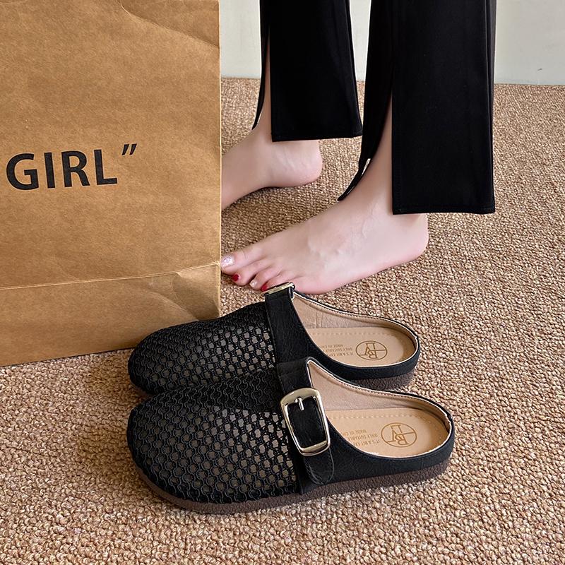 Fashion CRLAYDK Mule for Women Backless Loafers Slip On Mesh Hollow Out Flat Casual Walking Ladies Slides Closed Toe Buckle Slippers