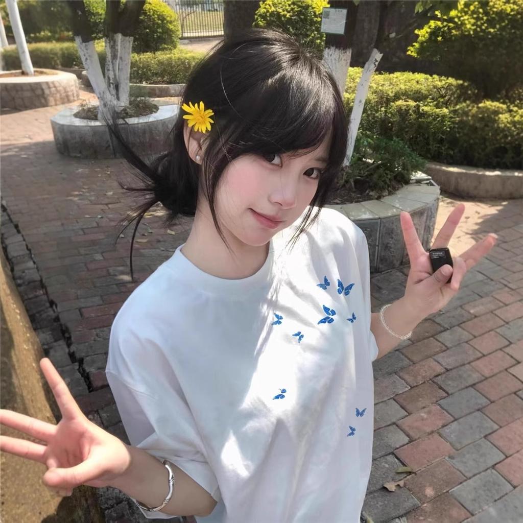 Women's Crew Neck Short Sleeve Cotton T‑Shirt Loose Butterfly Print Casual Basic Top For Summer Student Outfit