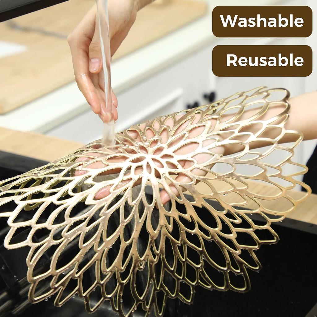 4Pc PVC Placemats Hollow Out Leaf Place Mats Washable Heat Resistant Vinyl Table Mats for Kitchen Dining Table Wedding Coasters