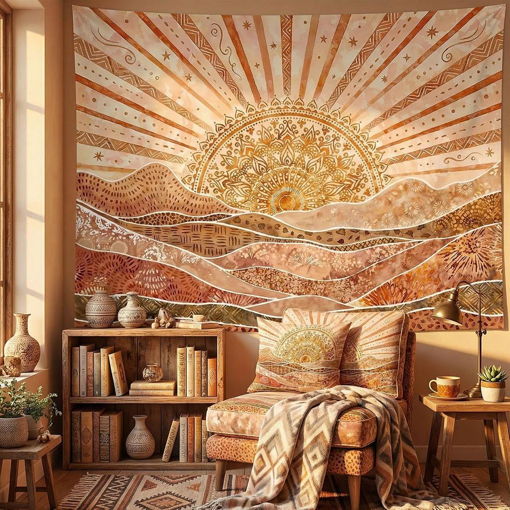 Calming Bohemian Tapestry, Warm Earthy Sun And Abstract Mountains With Tribal Patterns Print Wall Hanging For Cozy And Relaxing