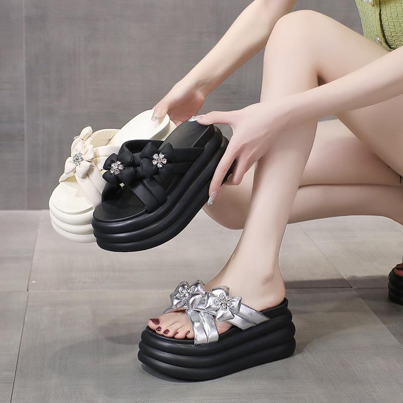 Fashion High Platform Slippers For Women Open Toe Leather Wedges Chunky Sandals New Summer Soft Thick Bottom Female Beach Flip Flops 8CM