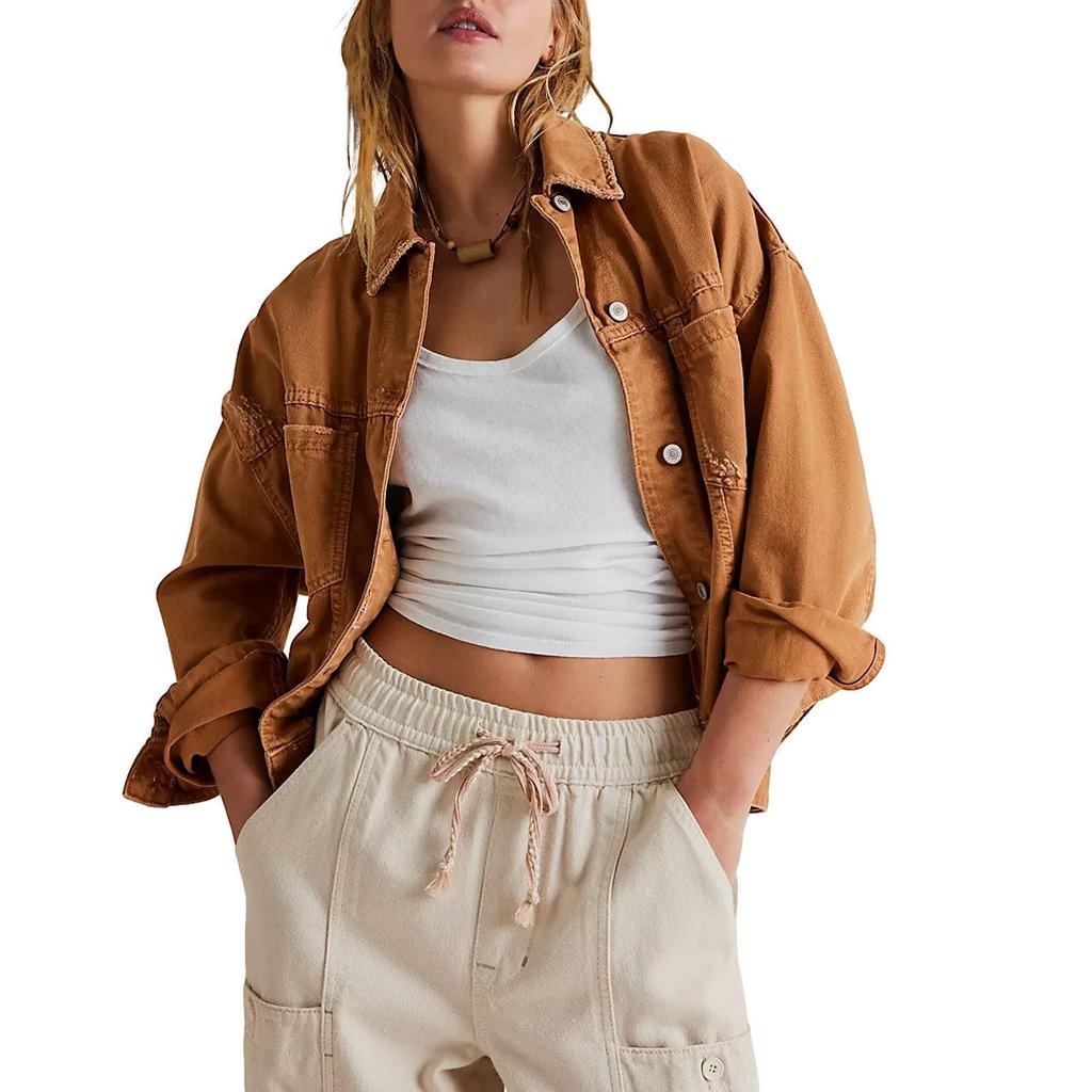 Giacca Denim da Donna con Tasche Manica Lunga Colletto Reversibile Chiusura con Bottoni Tinta Unita Primavera Autunno Cappotto Largo Streetwear