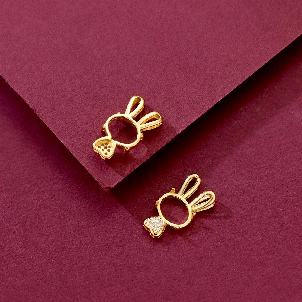 Gold-Plated 925 Sterling Silver Egg-Shaped Rabbit Pendant with Prong-Set Unset Setting, Handmade Exquisite Light Luxury 7x9 Fashion Style.