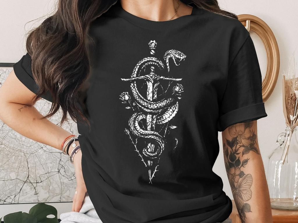 Gothic Snake Sword T-Shirt, Dark Academia Grunge Aesthetic Tee, Witchy Rose Thorns Graphic Shirt, Alternative Apparel Gift