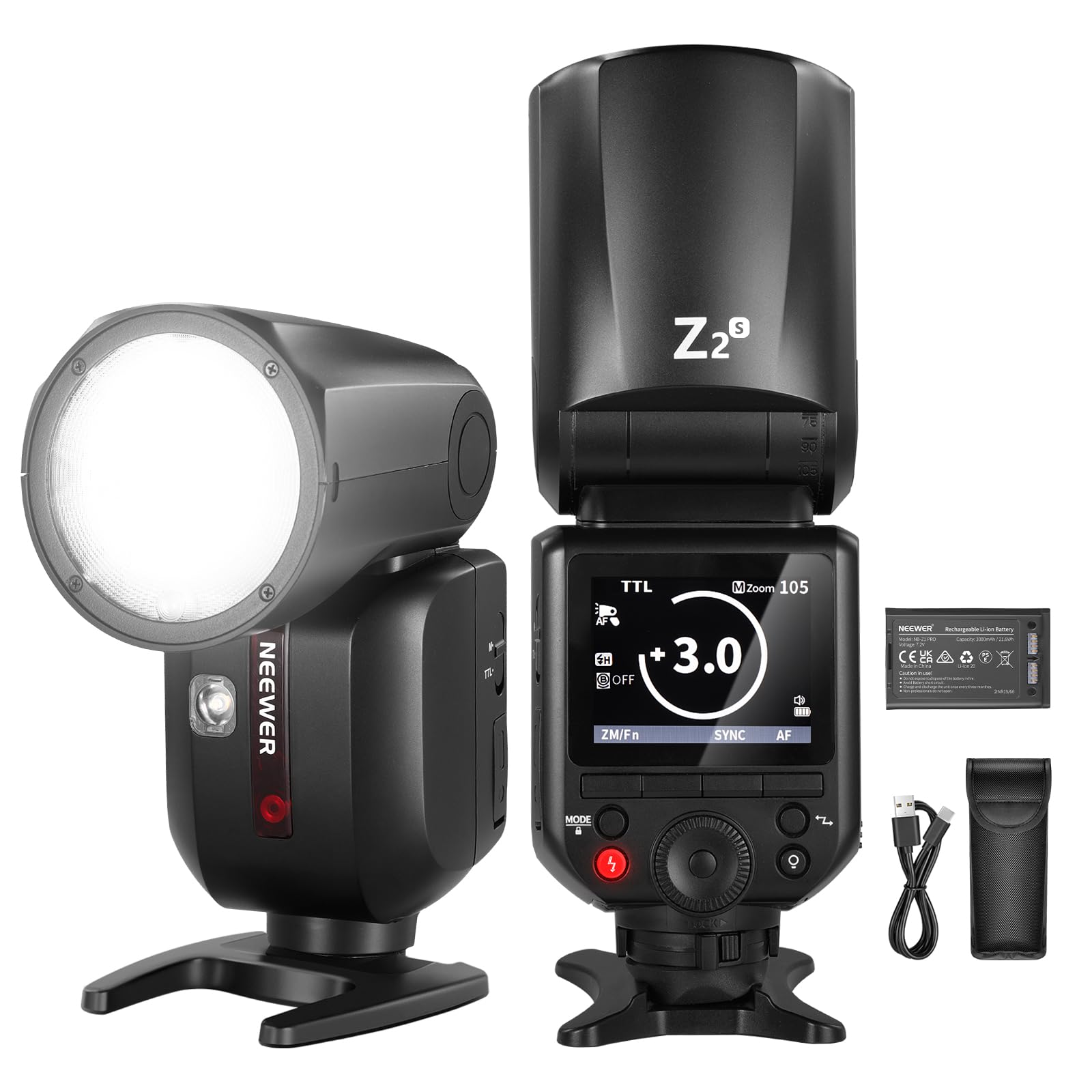 

Вспышка-стробоскоп Speedlite с круглой головкой TTL NEEWER с двумя регулируемыми лампами моделирующего света, быстрой функцией TCM, 76 Дж, 600 вспышек на полной мощности, Z2-S 2.4G, пользовательский интерфейс, лампы, TTL/M