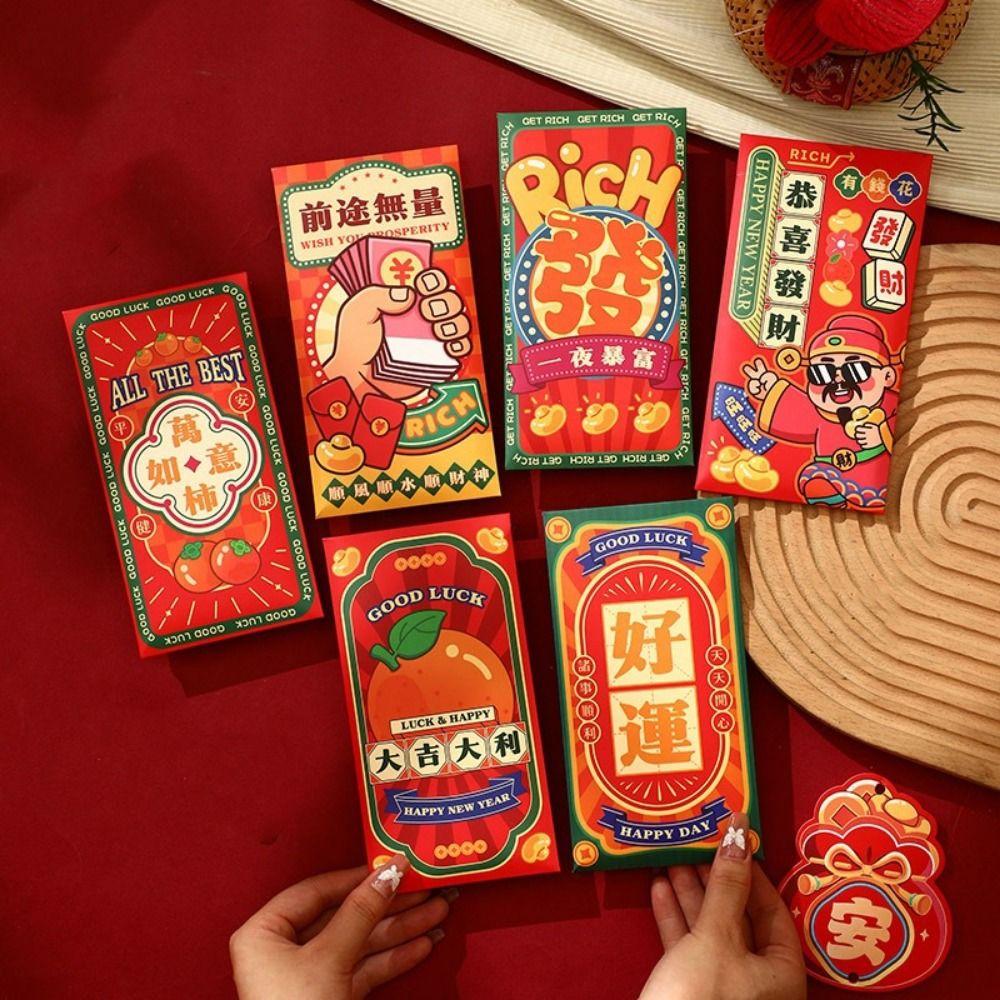 6Pcs Chinese Style 2026 Horse Year Red Envelope Paper Lucky Money Bag Red Pocket Birthday Gift