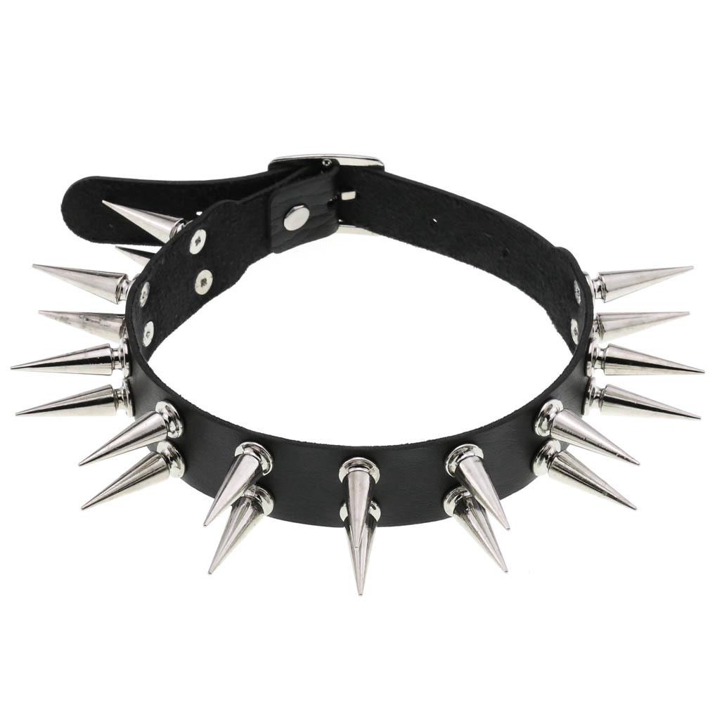 PU Leather Double Row Rivet Spiked Choker Necklace - European  American Nightclub Style