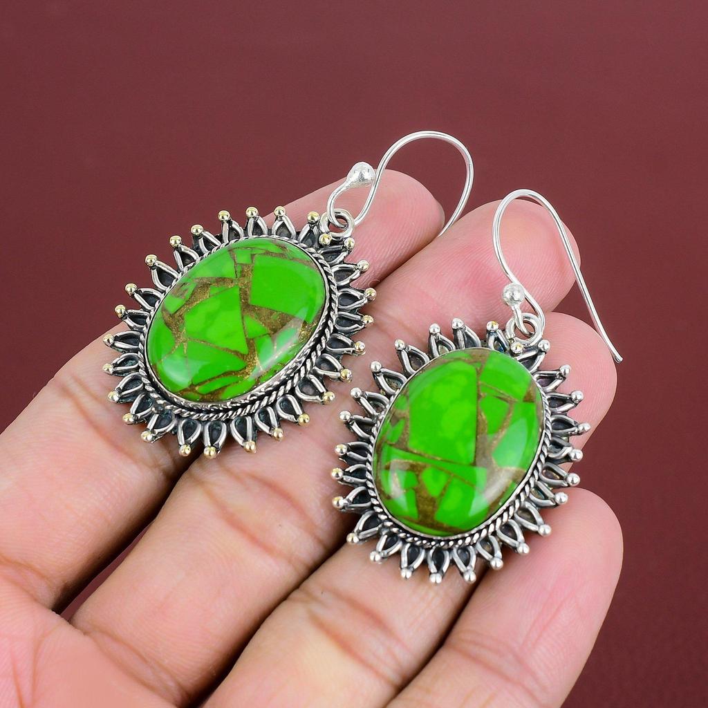 Copper Green Turquoise Earring Genuine Gemstone Earrings 925 Sterling Silver Earrings Green Turquoise Jewelry Gifts For Her Handmade Earring