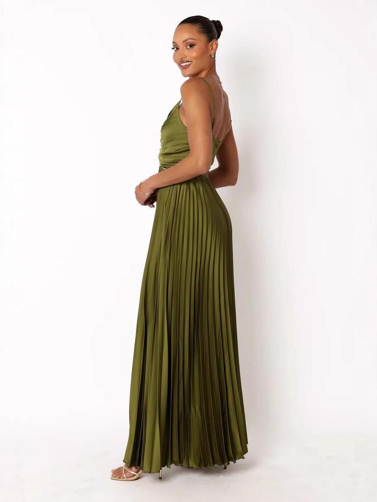 European Style Pleated Spaghetti Strap Dress - Women's Pine Smoke Ink Drop-Waist Long Dress