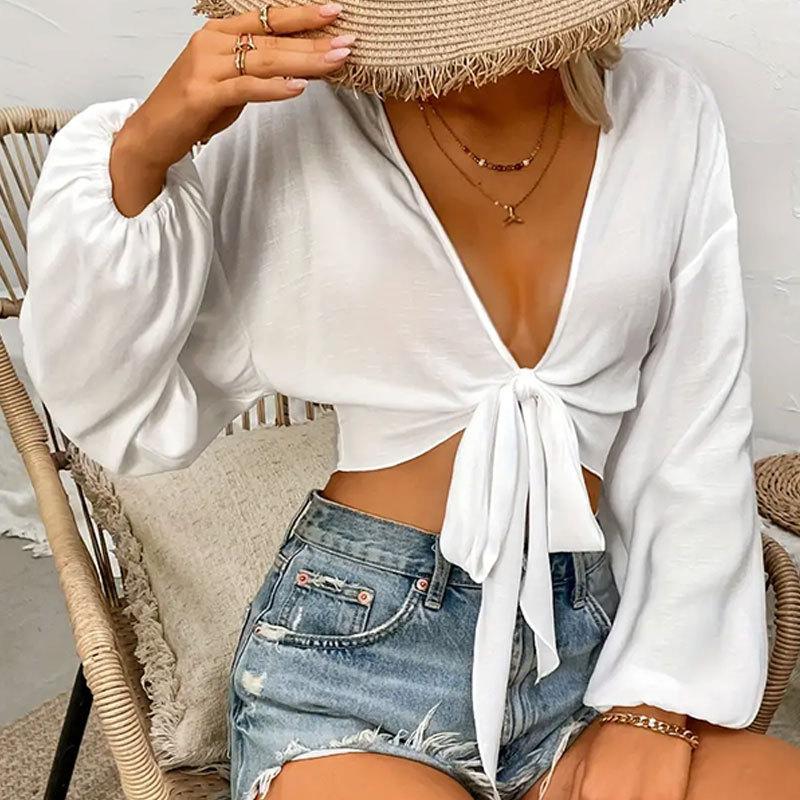 Women's Summer Solid Colour Long Sleeve Tie Bow Short Deep V Top